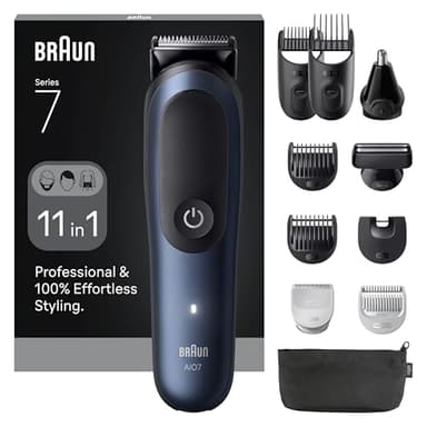 Braun - Cortapelos todo en uno serie 7, kit 11-en-1, hoja ProBlade, tecnología autoSense, 120 minutos de autonomía, protección SkinGuard, barba en gradiente, mango AquaGrip práctico bajo el agua,