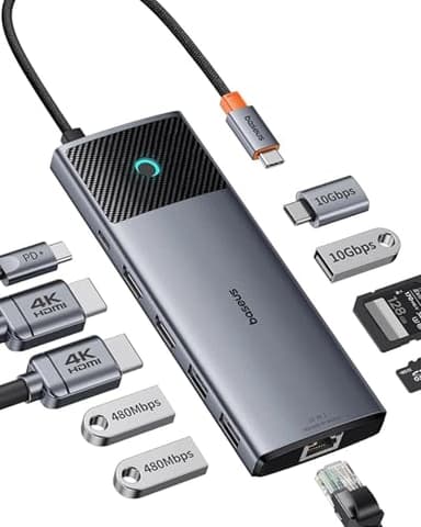 Baseus Docking Station Dual Monitor,10Gbps 10 in 1 Docking Station with 2 HDMI Single 4K @ 120Hz, Dual 4K @ 60Hz,10Gbps USB-A and USB-C, Gigabit Ethernet and PD 100W for iPhone 15/DELL/HP/Lenovo and