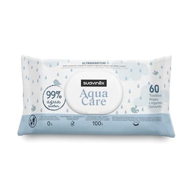 Suavinex, Pack 60 Toallitas Aqua Care para Bebés, Toallitas Húmedas 99% Agua, 0% Alcohol y Perfumes, 100% Fibra Vegetal, Hidratan y Protegen, Aptas para Pieles Ultrasensibles