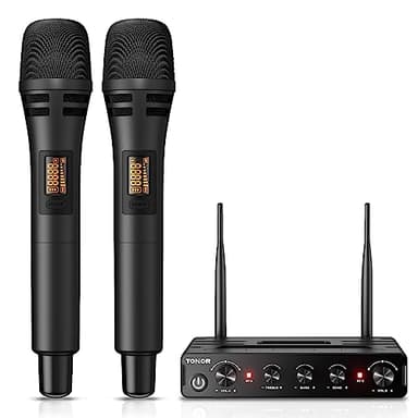 TONOR Micrófono Inalámbrico, Dual Mic UHF Sistema de Micrófono Dinámico de Mano con Receptor, Compatible con Amplificador, Sistema PA, para Karaoke Domestico, Boda, DJ, Fiesta, Iglesia, TW350, Negro