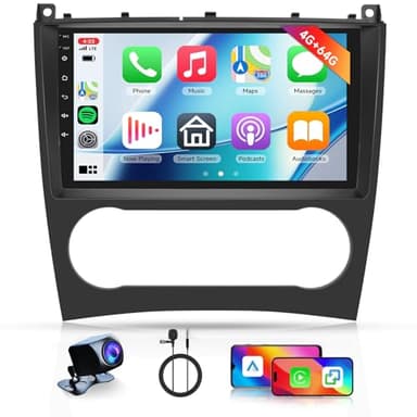 4G+64G Hodozzy Radio para Mercedes-Benz Classe C/GLK W203 C200 C230 C240 C320 C350 CLK W209 2005-2009 con Carplay Android Auto, Pantalla Táctil de 9 Pulgadas con GPS Bluetooth WiFi DSP FM/RDS, Cámara