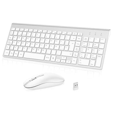 cimetech Combo Teclado y Ratón Inalámbrico, 2.4G Español 2 en 1 USB Ultra Delgado Silencioso Mouse, para PC/Laptops/Ordenador/Escritorio (Blanco y Plata)