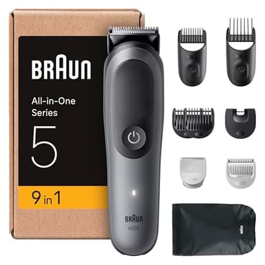 Braun Recortadora Todo En Uno Series 5, AIO5545, Kit De Styling 9en1 Para Barba, Pelo, Orejas, Nariz y Cuerpo, 120 Min, Cortapelos Hombre Con Lámina Ultra Afilada, Recorte Preciso Y Eficiente, Gris