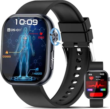 YUPENG Reloj Inteligente con ECG/HRV/BMI/Monitoreo del sueño, 1.96" AMOLED Salud Smartwatch con Presión Arterial,𝐆𝐥𝐮𝐜𝐞𝐦𝐢𝐚, Temperatura Corporal, Emociones, Ácido Úrico,Lípidos, SpO2