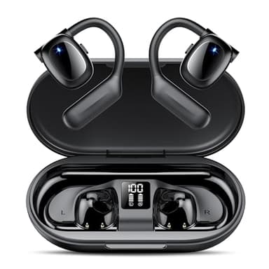 Hendari Auriculares Oreja Abierta, Auriculares Deportivos Bluetooth 5.3, Auriculares Inalámbricos Bluetooth con 4 Mic, Auriculares Conduccion Osea con LED, Confort Auriculares Open Ear, 75 H, IPX5