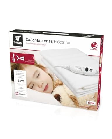 Calientacamas eléctrico en color blanco, dimensiones: 150 * 80 cm, lavable. 2 ajustes de temperatura. Potencia: 60W. THULOS TH-EB300.