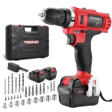 TEENO - Taladro atornillador inalámbrico PSR 21V + 2 baterías de litio + 41 accesorios + guantes profesionales