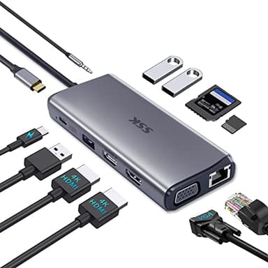 SSK Laptop USB C Docking Station Dual Monitor, HDMI 4K/60Hz Multiport Adapter 11 en 1 Type C Hub, Thunderbolt Dock Triple Display con 2 HDMI+VGA,RJ45 Ethernet,100W PD,3 USB para MacBook