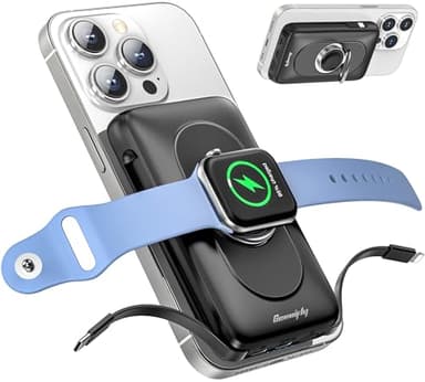 Power Bank 5 en 1 para Apple Watch y iPhone, mag-Safe Power Bank de 10000 mAh con USB-C y iOS Cable, Cargador portátil con Soporte de Anillo para iPhone 16/15/14/13/12/Pro/Pro MAX/Plus/Watch 9/8/7