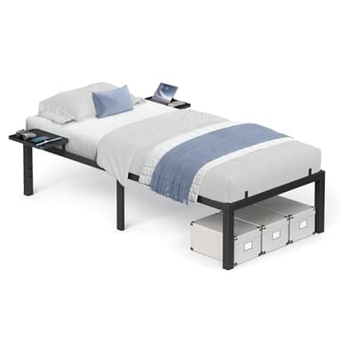VASAGLE Marco de Cama, Estructura de Cama de Metal, con Estantes de Almacenamiento, Cama de Invitados, Adecuado para Colchón de 90 x 190 cm, Fácil Montaje, Negro Clásico RMB091B01