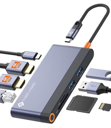 Docking Station para portátil Dual Monitor - Adaptador multipuerto USB C 8 en 1 con 2 HDMI 4K 60Hz, 1Gbps Ethernet, 100W PD, 2 USB 3.2, Lector de Tarjetas SD TF Compatible con MacBook/DELL/HP/Lenovo
