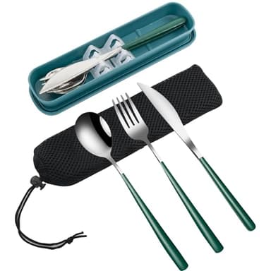 VANRA Juego de utensilios de viaje portátiles de 3 piezas con funda, de acero inoxidable 18/8, juego de cubiertos reutilizables con tenedor, cuchara, cuchillo para almuerzo, viajes, camping, escuela,