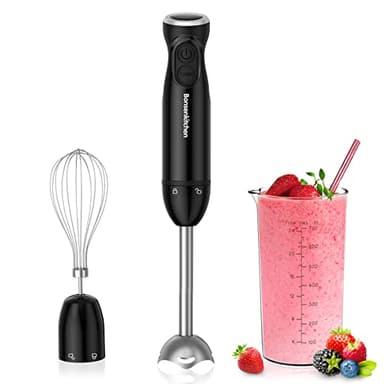 BonsenKitchen Batidora de mano, batidora de inmersión 3 en 1 de mano, batidor de huevos, vaso de precipitados de 700 ml para hacer alimentos para bebés, batidos, sopas, (negro)