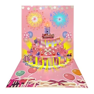 ALEENFOON Tarjetas de cumpleaños, Tarjetas de feliz cumpleaños emergentes en 3D con música, luz, velas y fuegos artificiales, regalos de cumpleaños para mujeres, hombres, amigos y niños