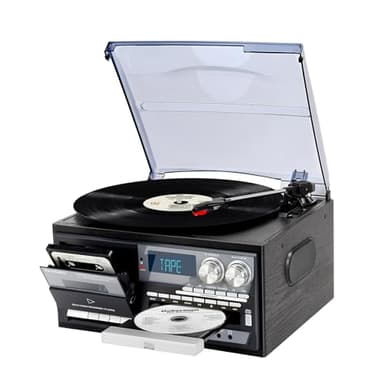 Tocadiscos 9 en 1 con 3 Velocidades, Bluetooth, Radio Am/FM, CD/Cassette, USB/SD/MMC y Mando a Distancia
