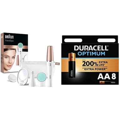 Braun FaceSpa Depiladora Facial Mujer 3 en 1 con Cepillo Limpiador y de Masaje, 851, Blanco + Duracell - Pilas alcalinas Optimum AA, 1.5 Voltios LR6 MX1500, paquete de 8
