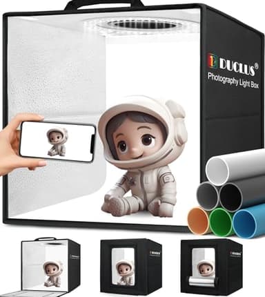 DUCLUS Caja de Luz Fotografía 25x25 cm, Estudio Fotográfico Portátil con 96 Luces LED Ajustables, 6 Fondos Lisos para Fotografiar Productos de Joyería/Cosmética/Alimentación