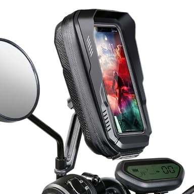 JUYANO Soporte Movil Moto Impermeable Aluminio Porta Movil Moto Retrovisor 360° Rotación Ajustable Soporte para Movil Moto con Cubierta de Lluvia Soporte Telefono Motocicleta para 3.5-6.9" Móvil