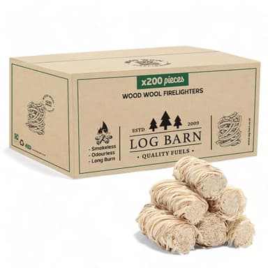 Log Barn Encendedores Naturales - Caja de 200, Pastillas de Encendido para Barbacoa, Estufas de Leña, Hornos de Pizza, Chimeneas, Lana de Madera para Encender Fuego - Auténtica Leña Log Barn