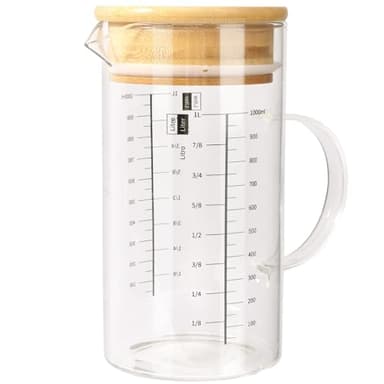 Aevcvok Vaso Medidor Cocina 1L, Jarra Medidora de Vidrio Graduada 1000ml,Taza Medidora con Asa,Bote Cristal con Tapa Escala Precisa,Vaso Batidora Cristal para Medir Ingredientes de Repostería