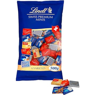 LINDT Napolitanas Suizas, contiene un surtido de minitabletas de chocolate envueltas individualmente, chocolate con leche, de chocolate blanco,chocolate negro,chocolate con avellanas, aprox76uds, 500g