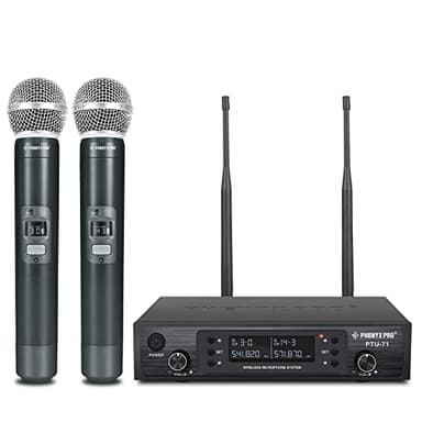 Phenyx Pro Sistema de micrófono inalámbrico profesional, w / 2 de mano, Exploración automática, 2x100 frecuencias UHF, 328 pies de alcance, micrófono dinámico para cantar, karaoke, Iglesia (PTU-71-2H)