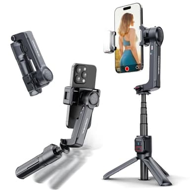 KOSCHEAL A10 Estabilizador para Smartphones,2-Axis Estabilizador de Movil con Luz de Relleno y Trípode con Mando Inalámbrico Rotación Automática de 360°Modo de Escena, No App, para videoblogs y TikTok