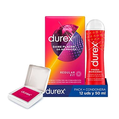 Durex Pack Preservativos Dame Placer 12 Condones + Durex Lubricante Sabor y Aroma Fresa de Base Agua - 50 ml