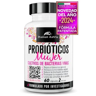 Probioticos Mujer Flora Intima, FÓRMULA DESARROLLADA POR INVESTIGADORES, Hinchazón Abdominal, Vaginosis Bacteriana, Candida, Cistitus, Colon Irritable, Enzimas Digestivas - 60 Cápsulas 2 Meses