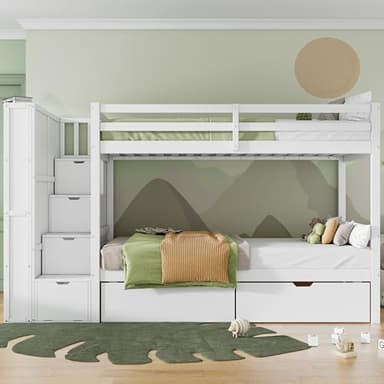 Azkoeesy Litera Infantil de 90 x 200 cm con escaleras, 2 cajones, 4 Cajas de Almacenamiento, estantería de pie, Cama Infantil para 2 niños y Adolescentes, Color Blanco