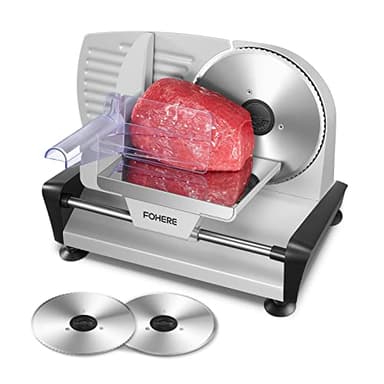 Cortafiambres Eléctrico 200W, Maquina de Cortar Fiambre, 2 Cuchillas de Acero Inoxidable, Cortafiambres Profesional con Espesor Ajustable 0-15 mm, Sistema Protector de Manos, Plateado, FOHERE