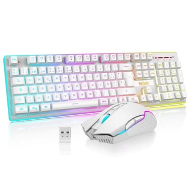 RedThunder K10 Teclado Gaming Sensación Mecánico Inalámbrico,Retroiluminación LED,Batería Recargable de 3800 mAh, Anti-ghosting+Ratón 7D 3200DPI,Disposición ES,para PC/PS5/Xbox-Blanco