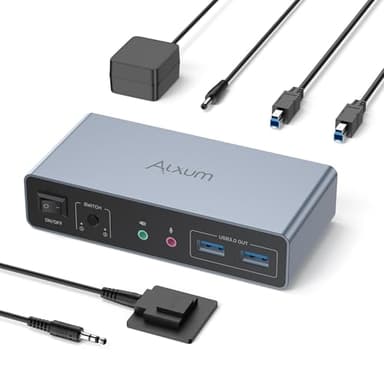 Alxum KVM Switch 2 monitores 2 Ordenadores - HDMI+Displayport Conmutador KVM Doble Monitor para 2 PC, 3 puertos USB 3.0 que soportan modo extendido/espejo con controlador de escritorio, 2 cables USB