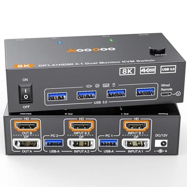 Dual Monitor KVM Switch HDMI DP 2 puertos 8K@60Hz/4K@144Hz,KVM Switch 2 monitores para 2 ordenadores comparten 2 monitores y 4 concentradores USB 3.0, controlador de escritorio y cable USB incluido