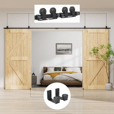 LTIYITL 244CM (8FT) Herraje Para Puerta Corredera Kit de Granero Accesorio de Armario Con Rodillo de Riel Para Puerta Doble,Contiene Guía de Suelo Ajustable