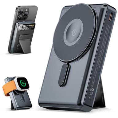 KPON Power Bank 10,000mAh Magsafe Bateria Externa para iPhone y Apple Watch,PD 20W Carga rápida inalámbrica USB-C Pantalla LED Cargador portátil con Base, Compatible con iPhone, Apple Watch