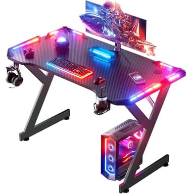 HLONONE LED Mesa Gaming 100 × 55 cm, Escritorio Gamer de Fibra de Carbono Ergonómicas, Escritorio Gaming con Portavasos y Gancho para Auriculares, Negro