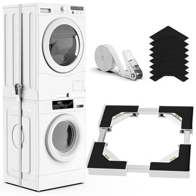 YUZEER Kit de Apilamiento Universal para Lavadora y Secadora, con Cuerda de Trinquete, Tamaño del Marco Apilado Ajustable, Adecuado para Lavadoras y Secadoras de 45-68 cm(Blanco)