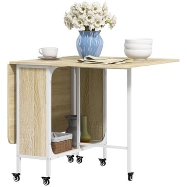 HOMCOM Mesa Plegable de Comedor Mesa de Cocina Plegable con Ruedas Alas Abatibles y Estante Mesa Plegable para Salón 130x80x74 cm Madera Natural