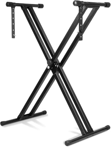 ROCKSTAR - Soporte Plegable Teclado y Piano, Altura Ajustable, KS422 Soporte Preensamblado Plegable para Piano Digital con Correas de Bloqueo, Marco X Doble Refuerzo, Carga 35KG, Negro