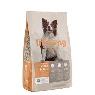 Marca Amazon - Lifelong - Alimento seco completo para perros adultos rico en pollo y arroz, 5 kg (Paquete de 1)