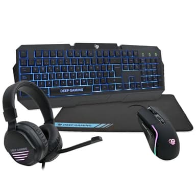 DeepGaming X-Wing 2 Pack Gaming 4 en 1 - Teclado Membrana QWERTY con Ñ Retroiluminado, Ratón Óptico RGB 7200DPI, Auriculares con Micrófono, Alfombrilla Antideslizante. Set Up Gaming Multiplataforma