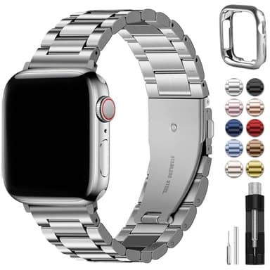 Fullmosa Correa Compatible Con Correa Apple Watch 44mm 45mm 42mm,Pulsera Acero Inoxidable con Case Para iWatch Ultra2 Ultra Series 10 9 8 7 6 5 4 3 2 1 SE SE2, 42mm 44mm 45mm Plata