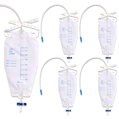 BORISCA 5 Bolsas de Orina de 750 ml para Las Piernas, Bolsa Sonda Vesical Pierna con 2Cintas de Tela, Tubo de 60 cm de Longitud y Válvula Antirreflujo, Bolsa de Urinario Catéter Pierna