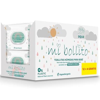 Mi Bollito - Toallitas Bebé - 99% aqua pure - 100% Fibras Vegetales - 960 Toallitas - 12 paquetes+4 gratis - ayudan a restaurar el PH Neutro de la piel del bebé - Ideal para piel Sensible y Atópica.