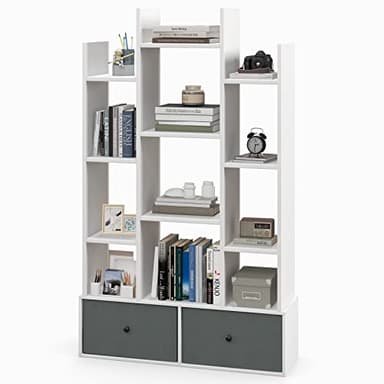 GOPLUS Librería de 12 Niveles, Estantería Libros de Madera con 2 Cajones, Estante Expositor con Dispositivo Antivuelco, para Salón, Dormitorio, Oficina, 80 x 24 x 132cm (Blanco)