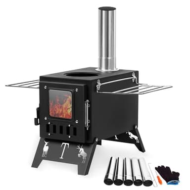 Makamsui Estufa de leña plegable portátil para camping, estufa de tienda de campaña para calefacción y cocina al aire libre, pesca en hielo, caza, camping, incluye tuberías, color negro
