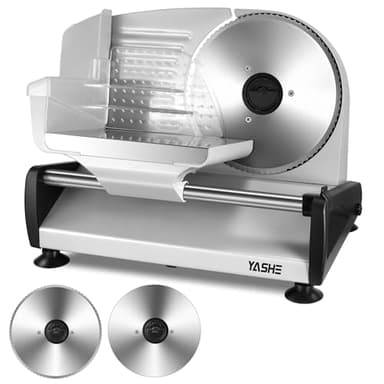 YASHE SL-518 Cortadora de Fiambre - Cortafiambres Eléctrico 250W con Grosor Ajustable de 0 a 15mm, 2 Cuchillas de Acero Inoxidable Removibles de 19cm, Bloqueo de Seguridad y Pies de Succión