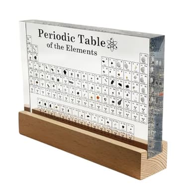 Tabla Periódica con Elementos Reales Grande (21 x 14 x 2,7 cm) y Base de Madera - Tabla Transparente y Soporte de Madera con Luz Led Blanca - Regalo Química para alumnos, profesores, aulas… (CON BASE)