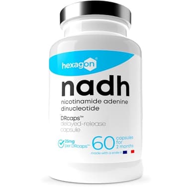 NADH 25mg - +2 Meses de Cura - Liberación Retardada Con DRcaps™ - Energía Celular y Metabolismo - Mejor Biodisponibilidad - Fabricado en Francia - 60 Cápsulas Vegetales - Vegano - Hexagon